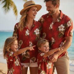 Red Notice Ryan Reynolds Hawaiian shirt with large white hibiscus blooms and green leaf accents on red fabric