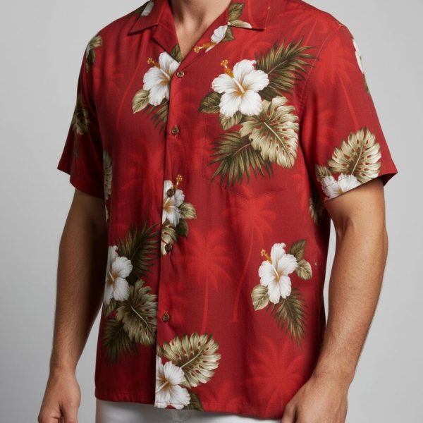 Red Notice Hawaiian Shirt with White Hibiscus Flowers - Tropical Button Up