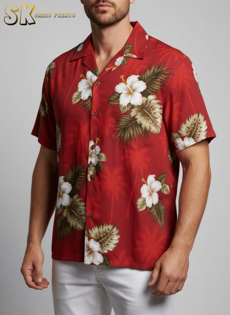 Red Notice Hawaiian Shirt with White Hibiscus Flowers – Tropical Button Up