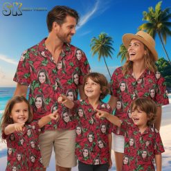Flat lay product shot of Red Sox aloha shirt displaying red roses pattern and overall shirt construction