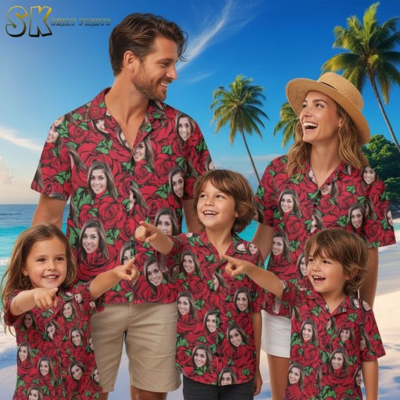 Flat lay product shot of Red Sox aloha shirt displaying red roses pattern and overall shirt construction