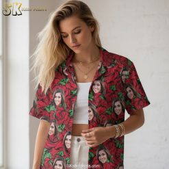 Back view of Red Sox Hawaiian shirt showing complete red roses and woman's face pattern coverage