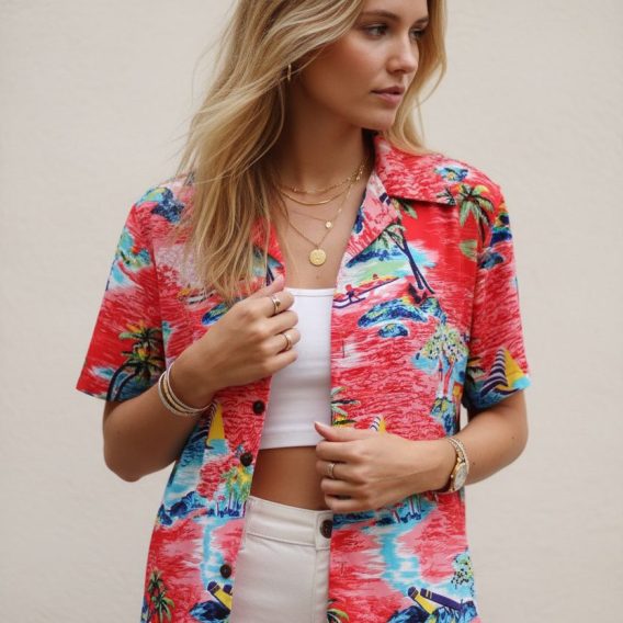 Product specifications and sizing chart for red tropical Hawaiian shirt with measurement details