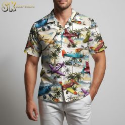 Red white blue Hawaiian shirt with vintage airplane print in patriotic colors over tropical background