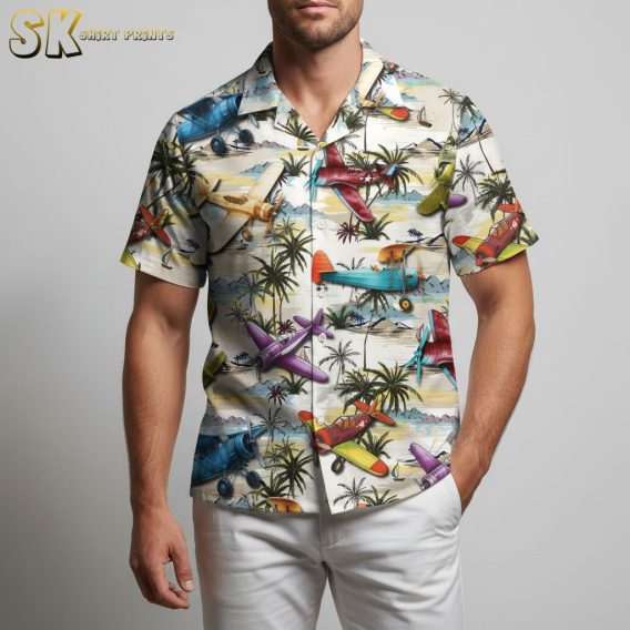 Red white blue Hawaiian shirt with vintage airplane print in patriotic colors over tropical background