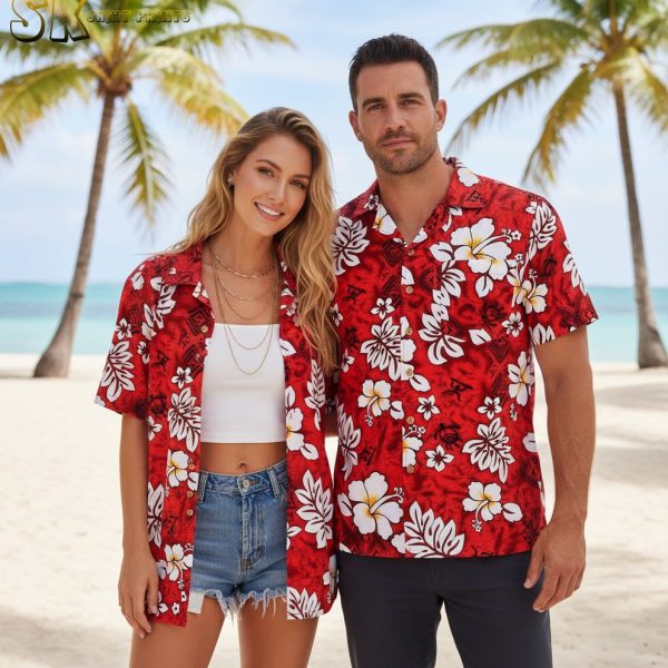 Red and White Hawaiian Shirt - Hibiscus Floral Print with Tribal Accents