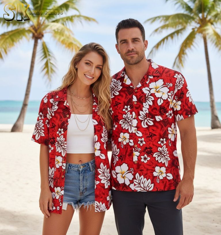 Red and White Hawaiian Shirt – Hibiscus Floral Print with Tribal Accents