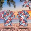 Red white and blue Hawaiian shirt with tropical hibiscus flowers and palm leaves on white background