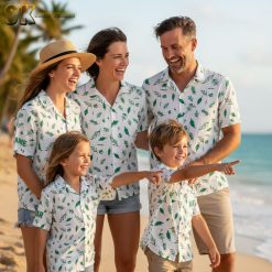 Red and white Hawaiian shirt collection featuring various tropical leaf designs