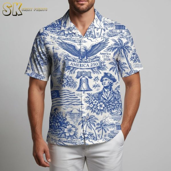 America 250 Anniversary White Hawaiian Shirt Mens Patriotic Eagle Liberty Bell Design