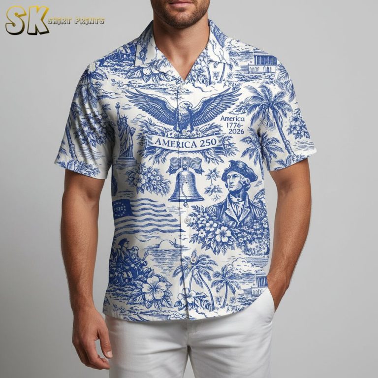 America 250 Anniversary White Hawaiian Shirt Mens Patriotic Eagle Liberty Bell Design
