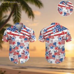 Red and white Hawaiian shirt featuring American flag design with hibiscus flowers and patriotic fireworks pattern