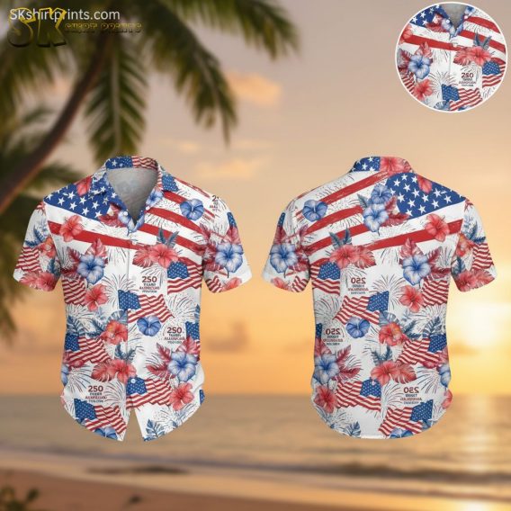 Red and white Hawaiian shirt featuring American flag design with hibiscus flowers and patriotic fireworks pattern