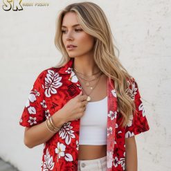 Red white Hawaiian shirt size chart and specifications showing measurements and product details