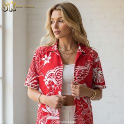 Red Wings Hawaiian shirt featuring tropical leaf patterns with wing design accents