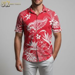 Red Wings Hawaiian shirt displaying wing pattern details with tropical leaf elements