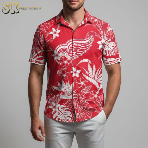 Red Wings Hawaiian shirt displaying wing pattern details with tropical leaf elements