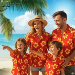 Red yellow Hawaiian shirt for casual wear with large hibiscus flower print