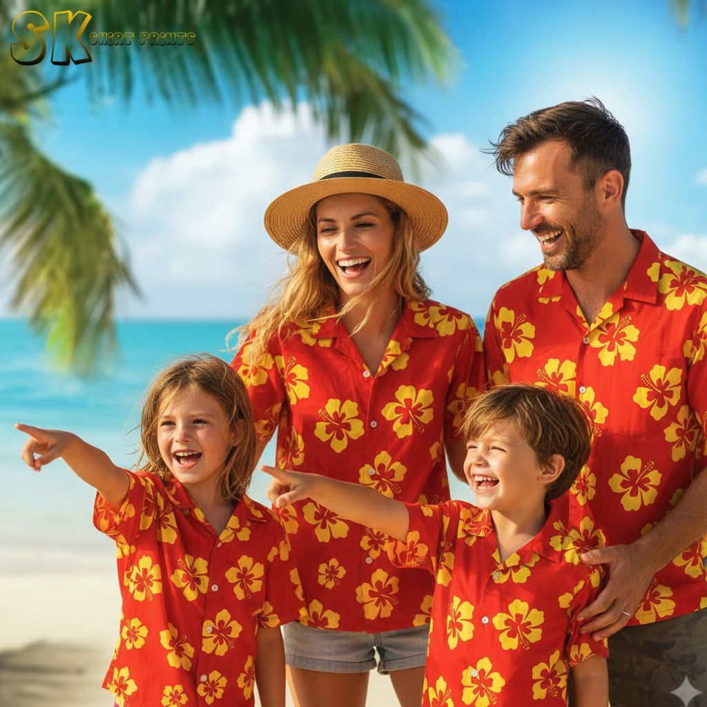 Red yellow Hawaiian shirt for casual wear with large hibiscus flower print