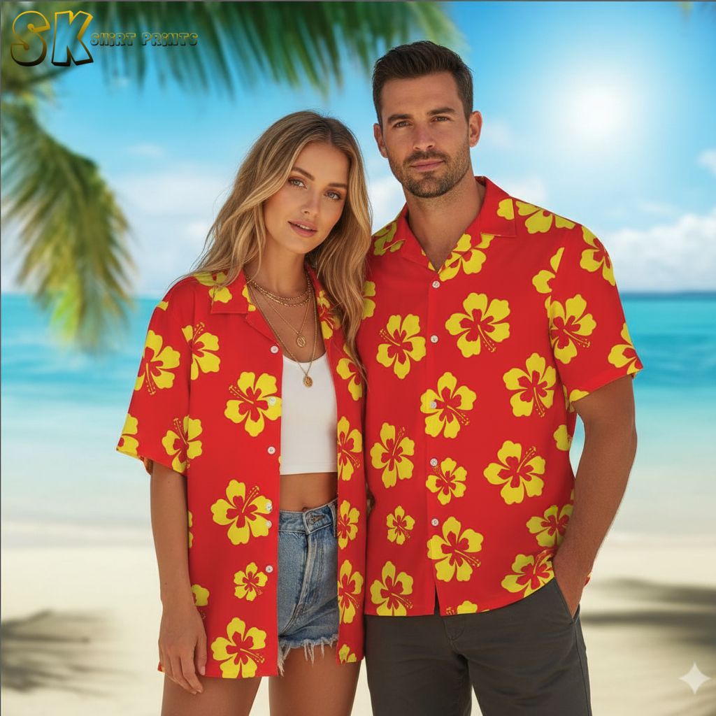 Red yellow Hawaiian shirt displaying floral pattern with hibiscus flowers distributed evenly