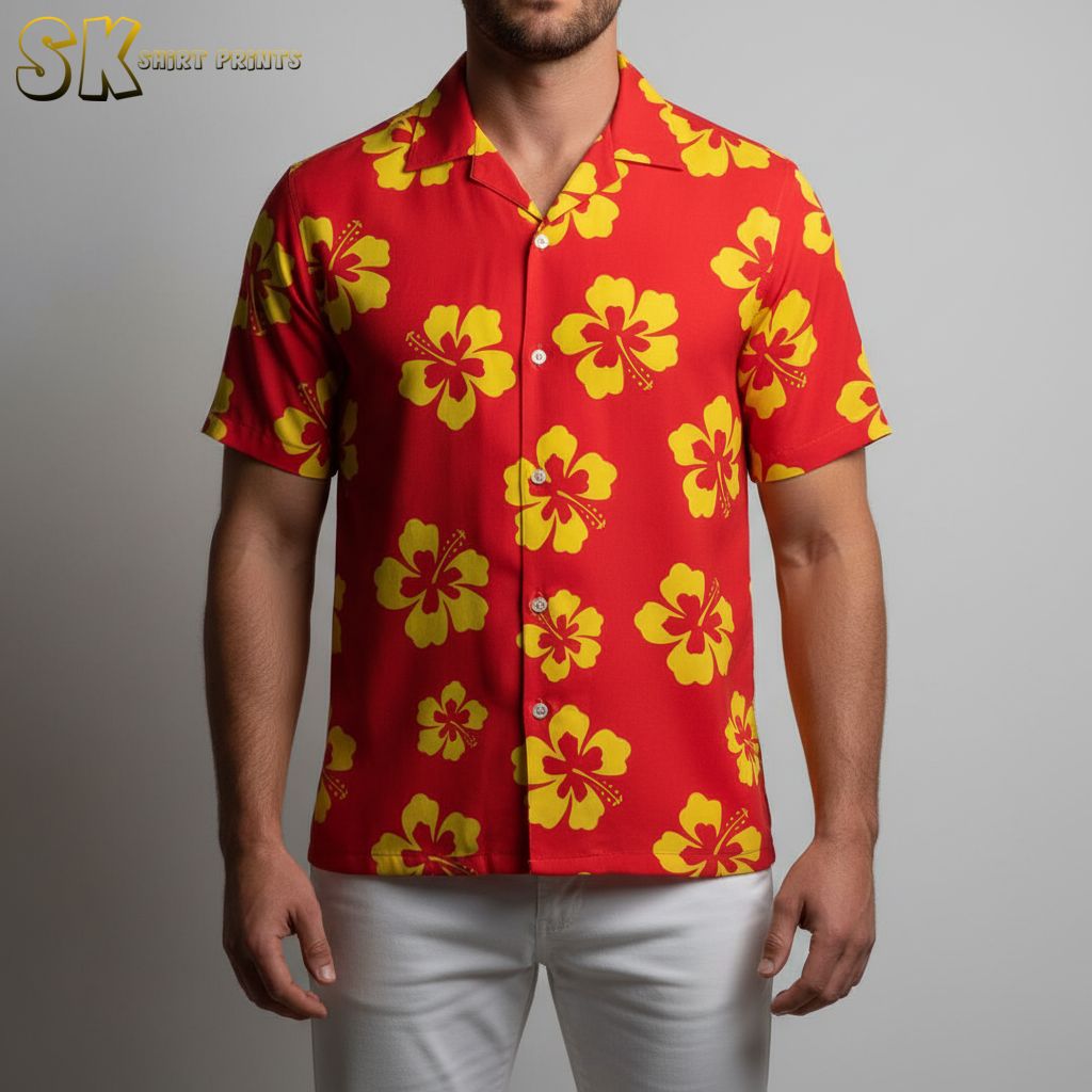 Red yellow Hawaiian shirt with vibrant hibiscus flower print in tropical colors