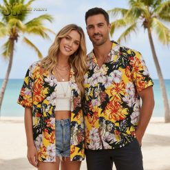 Retro Hawaiian shirts with 1950s pin-up girls and tropical floral pattern