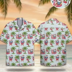 Reyn Spooner Christmas shirts featuring Santa Claus on pink flamingo pool float with palm trees and tropical holiday pattern