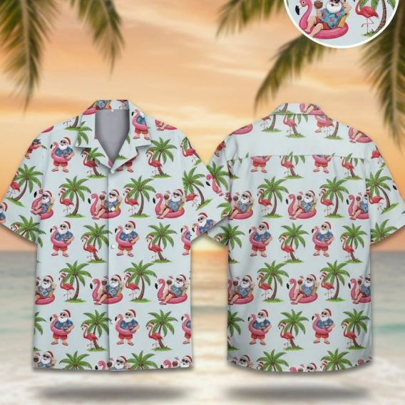 Reyn Spooner Christmas shirts featuring Santa Claus on pink flamingo pool float with palm trees and tropical holiday pattern