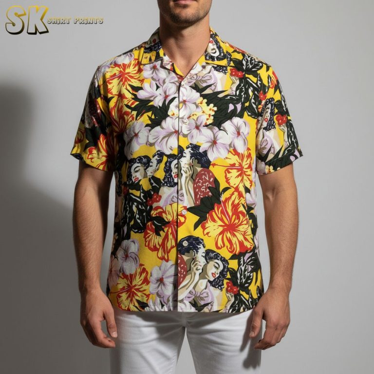 Pin-Up Girl Vintage Hawaiian Shirt Retro Aloha Tropical Floral Print – Men’s Button Down