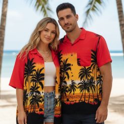 RJC hawaiian shirts vintage style with tropical sunset print and palm tree silhouettes