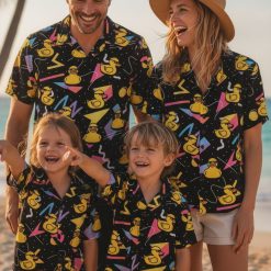 Rubber duck button up shirt featuring ducks with sunglasses and colorful triangle and circle patterns