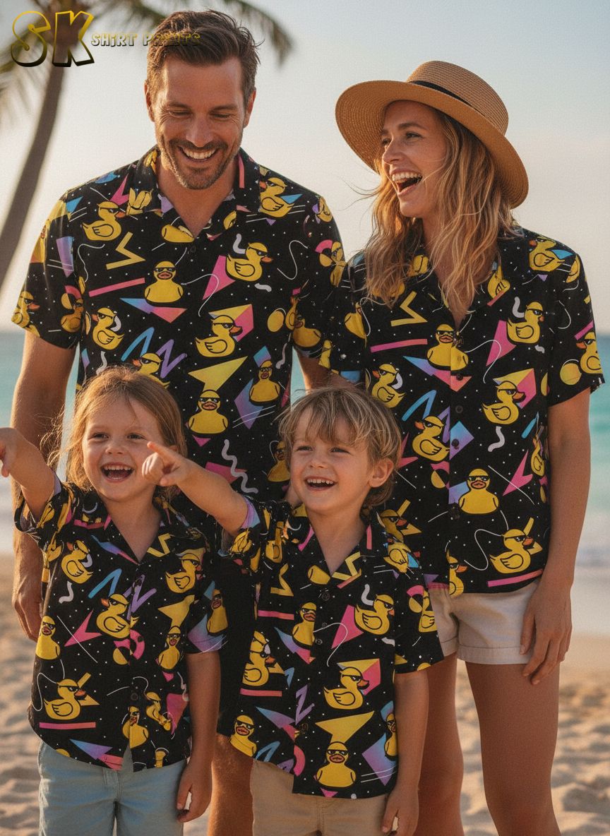 Rubber duck button up shirt featuring ducks with sunglasses and colorful triangle and circle patterns