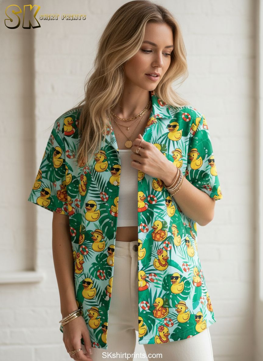 Rubber duck button up shirt displaying ducks with accessories on tropical leaf background