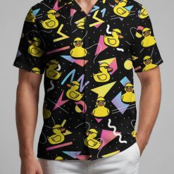 Rubber duck hawaiian shirt displaying colorful ducky pattern with triangles and circles on dark fabric
