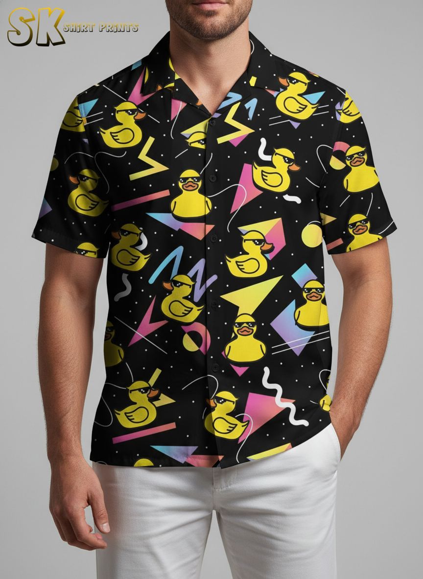 Rubber duck hawaiian shirt displaying colorful ducky pattern with triangles and circles on dark fabric