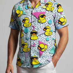 Rubber duck hawaiian shirt displaying cartoon ducks with sunglasses on colorful geometric print background