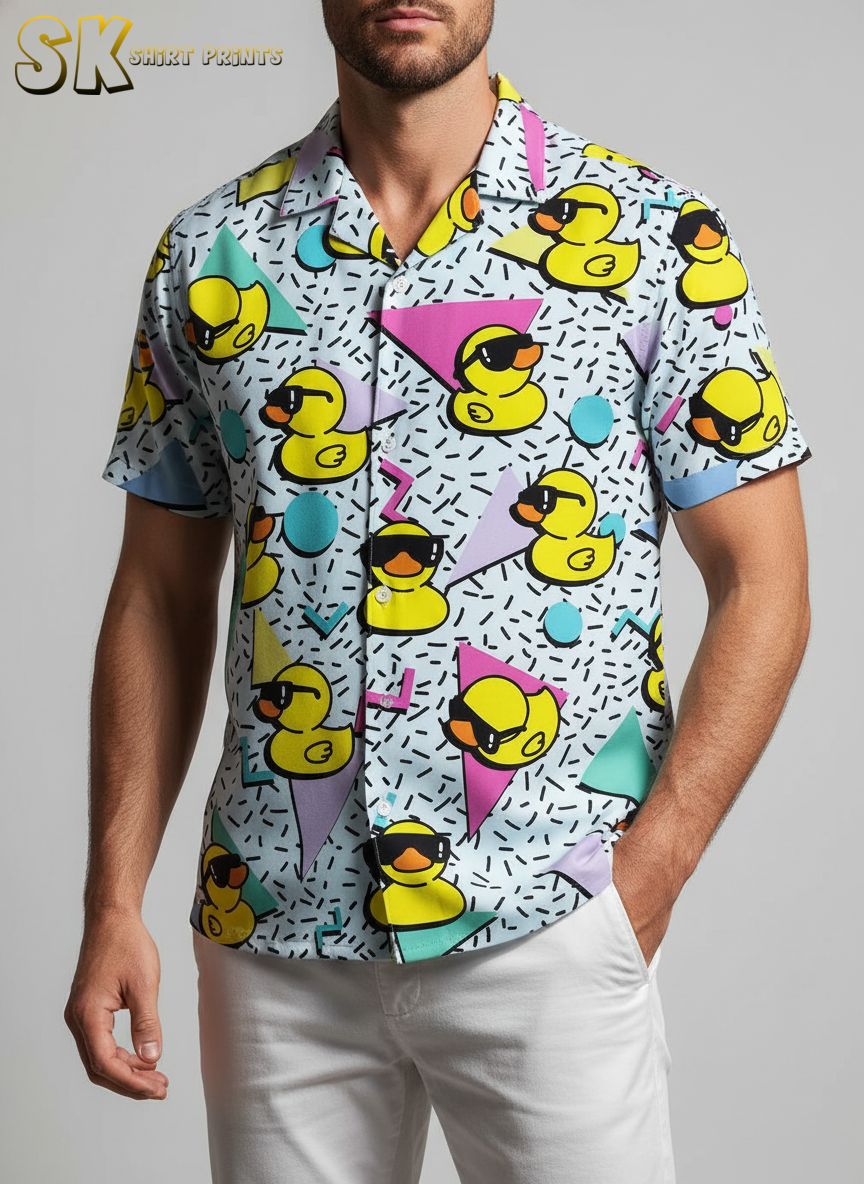 Rubber duck hawaiian shirt displaying cartoon ducks with sunglasses on colorful geometric print background