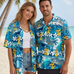 Rubber duck hawaiian shirt displaying yellow ducks wearing sunglasses with cruise ships and tropical elements
