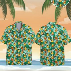 Rubber duck hawaiian shirt featuring rubber ducks with sunglasses and hats among tropical leaves and flowers