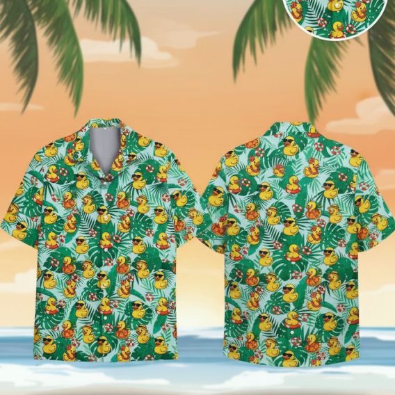 Rubber duck hawaiian shirt featuring rubber ducks with sunglasses and hats among tropical leaves and flowers