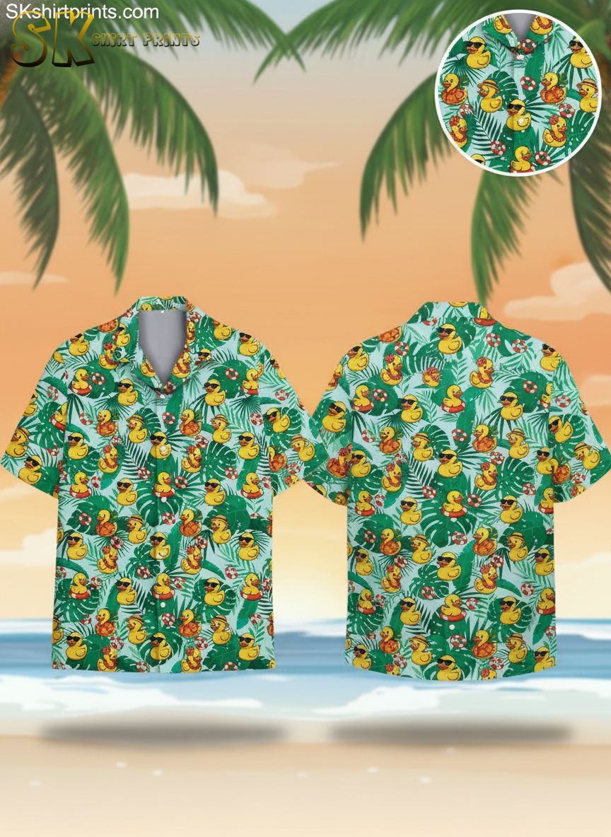 Rubber duck hawaiian shirt featuring rubber ducks with sunglasses and hats among tropical leaves and flowers