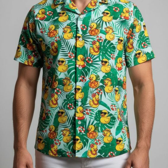 Rubber ducky hawaiian shirt showing ducks wearing leis sitting in life rings with tropical background