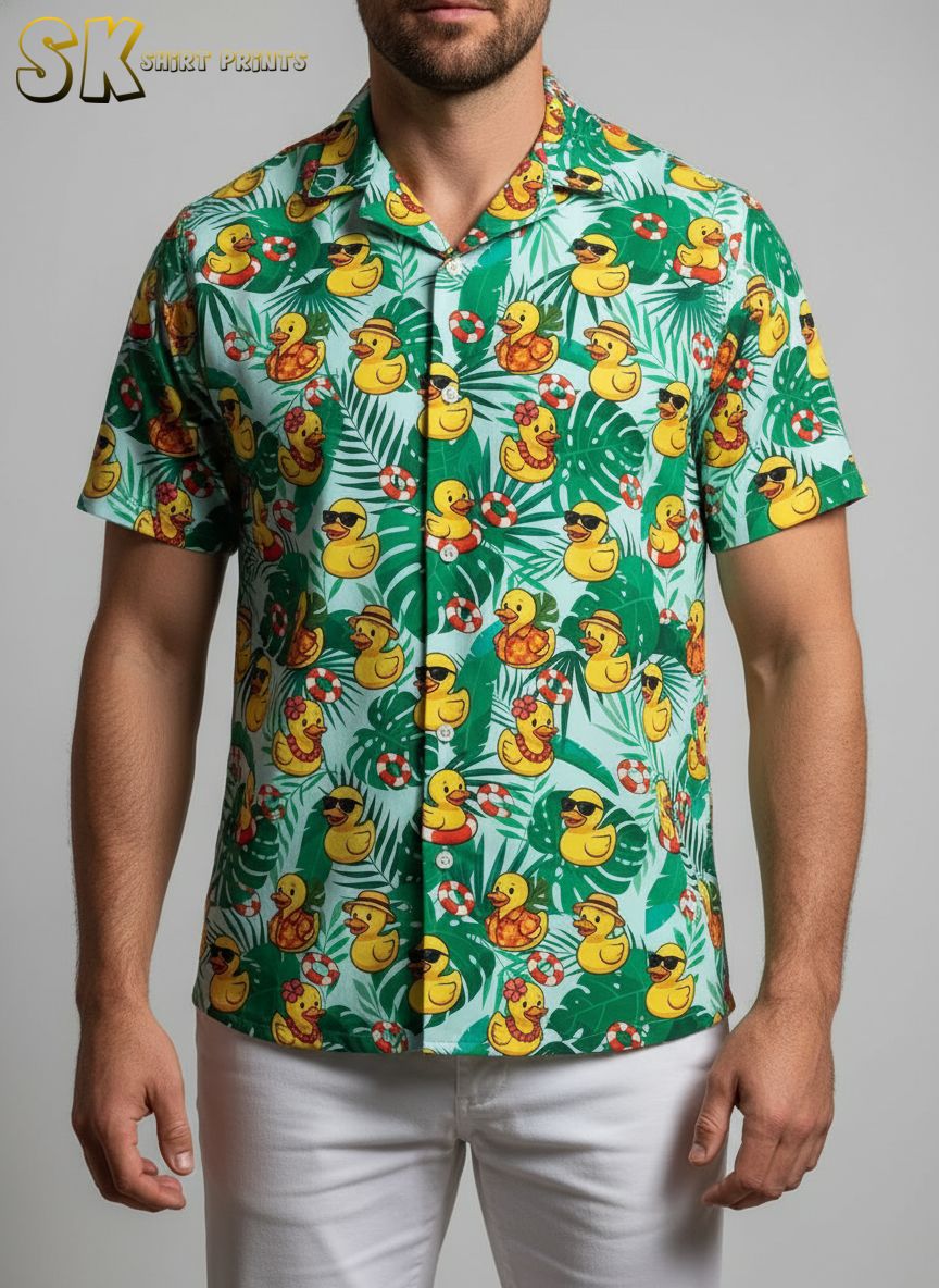Rubber ducky hawaiian shirt showing ducks wearing leis sitting in life rings with tropical background