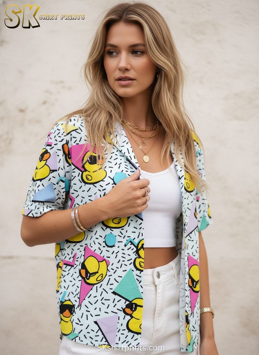 Rubber ducky hawaiian shirt showing cartoon ducks with sunglasses among colorful triangles and circles