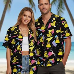 Rubber ducky hawaiian shirt with sunglasses-wearing ducks and colorful zigzag patterns