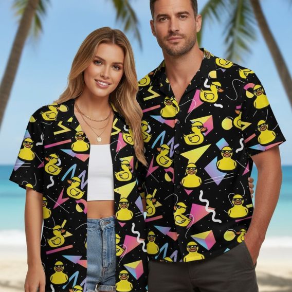 Rubber ducky hawaiian shirt with sunglasses-wearing ducks and colorful zigzag patterns
