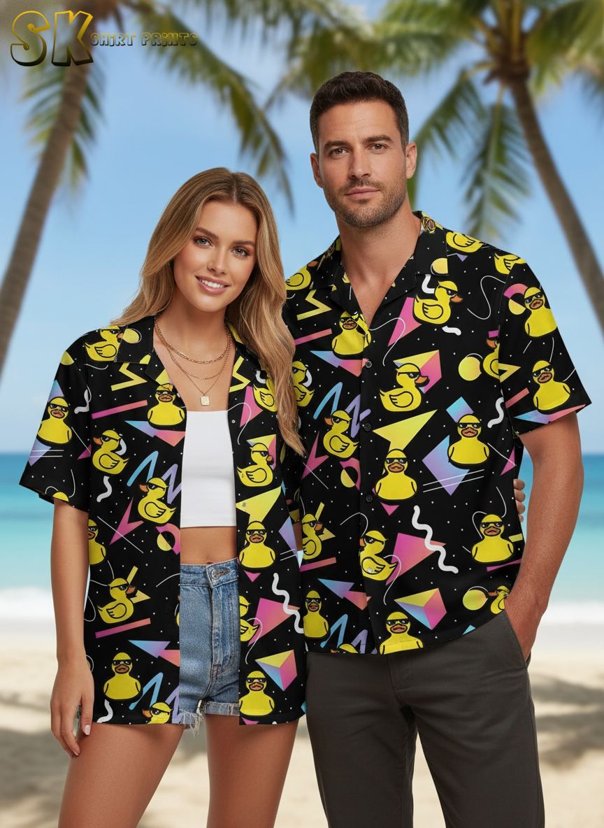 Rubber ducky hawaiian shirt with sunglasses-wearing ducks and colorful zigzag patterns
