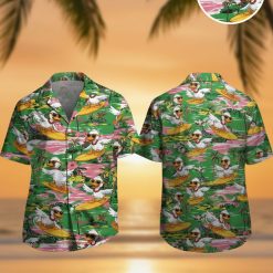 Rubber ducky Hawaiian shirt featuring cartoon ducks wearing sunglasses and necklaces surfing on yellow surfboards