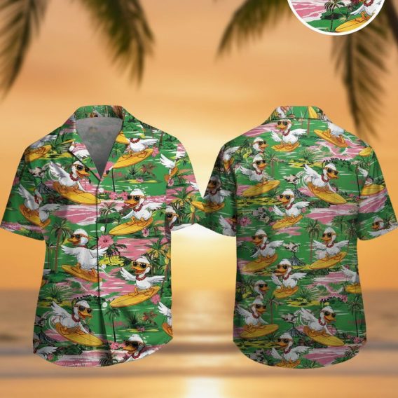 Rubber ducky Hawaiian shirt featuring cartoon ducks wearing sunglasses and necklaces surfing on yellow surfboards