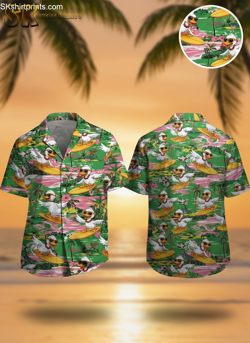 Rubber ducky Hawaiian shirt featuring cartoon ducks wearing sunglasses and necklaces surfing on yellow surfboards